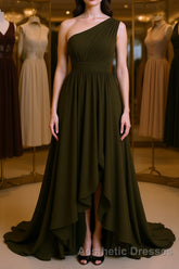 A-Line/Princess One-Shoulder Asymmetrical Chiffon Bridesmaid Dresses with Pleated